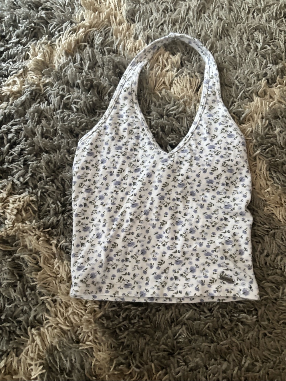 Hollister White Halter Tank Top with Blue Floral Print